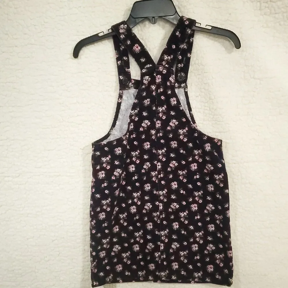 The Children's Place Girls Corduroy Jumper Dress Sz 10 Black Pink Floral Overall